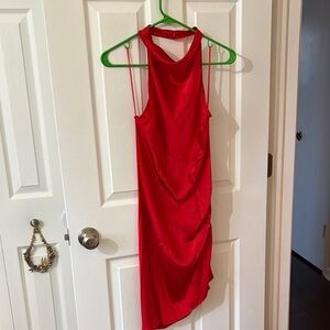 Elegant Red Halter Low Back Silk Dress